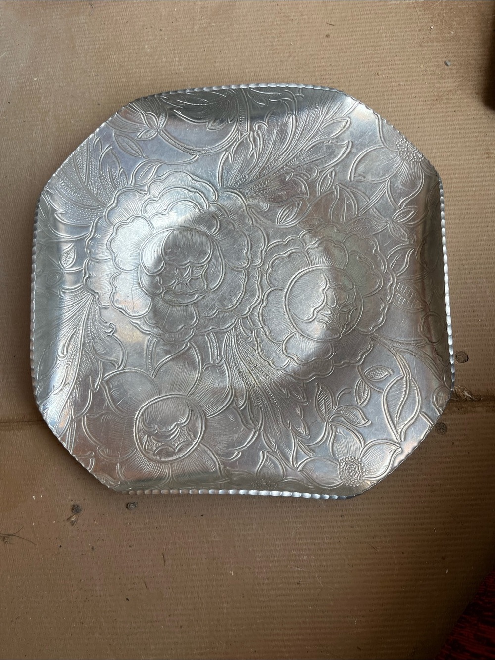 Hand Wrought Aluminum Embossed Floral Silver Tray